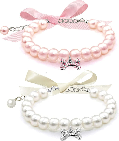 2 Pcs Dog Cat Pearl Collar Necklace, Fancy Rhinestone Bone Jewelry for Girl Cat Puppy Dogs (Pink+White)