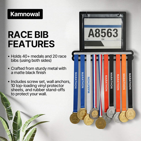 Kamnowal 10 20 40 Race Medal and Bib Display Wall Mounted Rack, Heavy Duty Metal Hanger with Clear Bib Holders, Holds