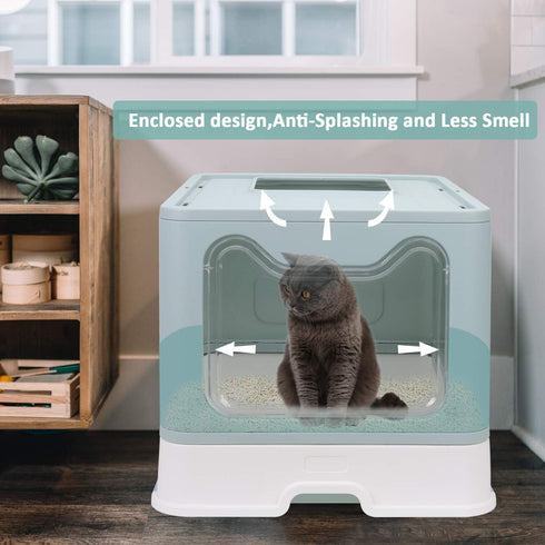 2-in-1 Foldable Cat Litter Box with Lid, Enclosed Potty, Large Top Entry Anti-Splashing Toilet, Easy to Clean Including