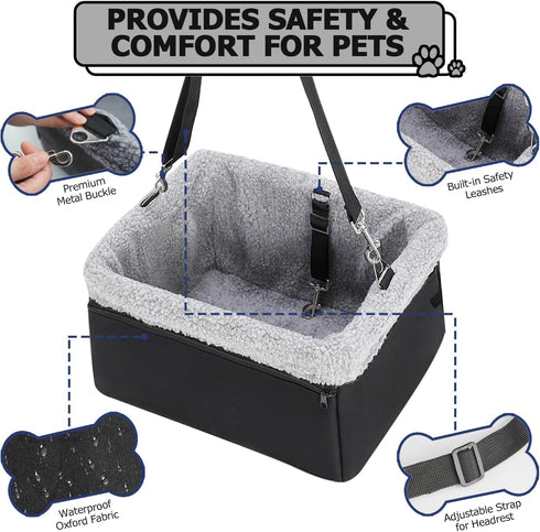 20lbs, Dog Car Seat for Small Pets Under Booster Seat with Metal Frame, Double-Layer Oxford Fabric, Safety Leash