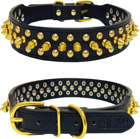 TEEMERRYCA Black Leather Dog Collar with Gold Spikes for Small Medium Large Pets, Pit Bulls/Bulldogs, XS (8.3"-10.6")