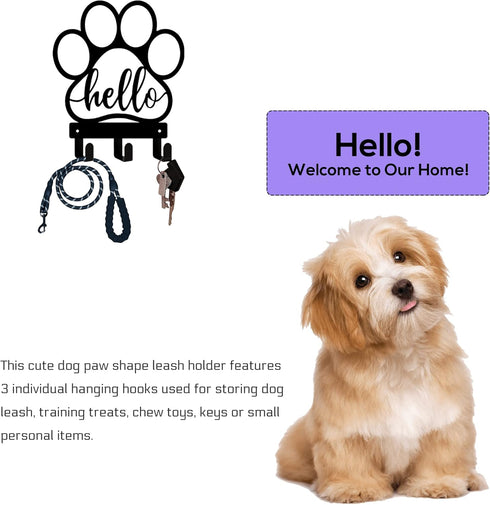 Dog Leash Holder for Wall, Leash Holder Wall Mount,Dog Stuff Storage Organizer, Wall Mount with Hello - Dog Leash, Dog Stuff, Key, Organizer Wall for Entryway,Dog Paw Shape Leash Hook Black by BiaGift