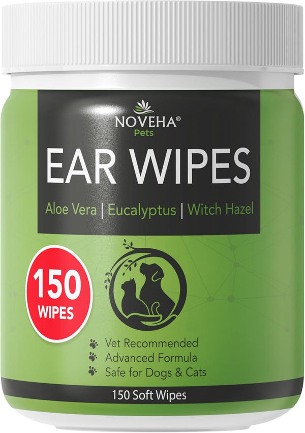 NOVEHA Pet Ear Wipes (150 Count), Dog Ear Cleaner Wipes, Otic Cleanser for Dogs & Cats with Aloe Vera