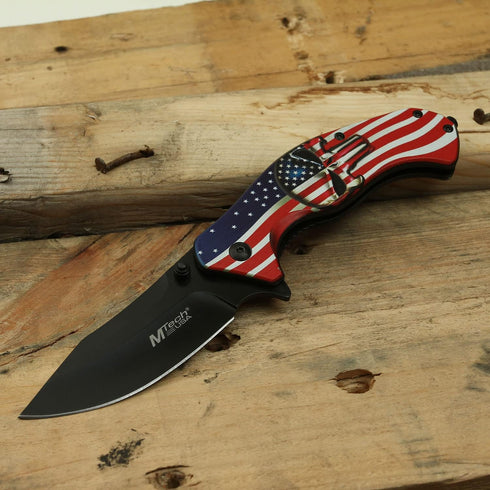 MTech USA MT-A1025A Spring Assist Folding Knife, Black Straight Edge Blade, American Flag Handle, 4.75-Inch Closed by MTECH USA