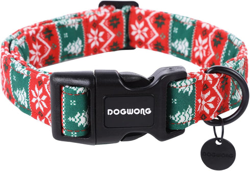 DOGWONG Christmas Cotton Dog Collar, Red Green Stripe Durable Soft Fabric Collar for Small Medium Large Dogs