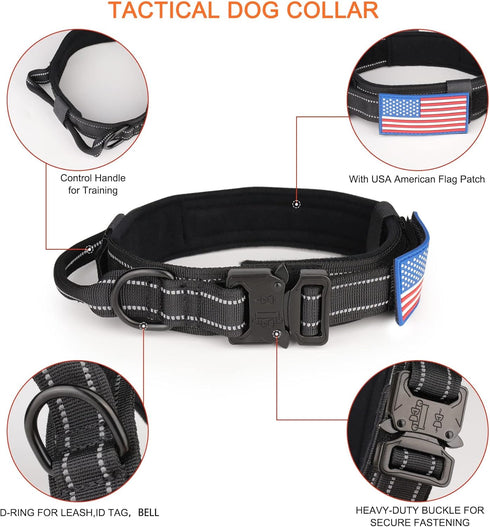 KCUCOP Tactical Dog Collar with Handle, Adjustable Military Collar with Metal Buckle and Patches for Large Dogs