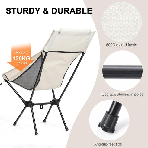 Backpacking Lightweight Camping Chair with Side Pocket for Adults, Folding High Back Camp Beach Chair, Portable