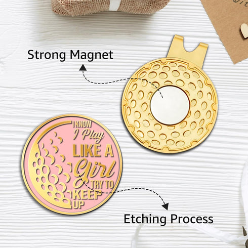 I Know I Play Like A Girl Pink Gold Golf Ball Marker with Hat Clip, Funny Golf Accessories for Women, Gifts for Golfers