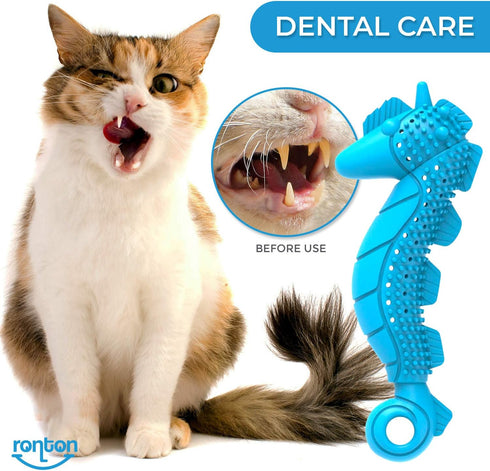 Ronton Cat Toothbrush Catnip Toy, Durable Hard Rubber Dental Care, Interactive Chew Toy (1 Pack - Seahorse)
