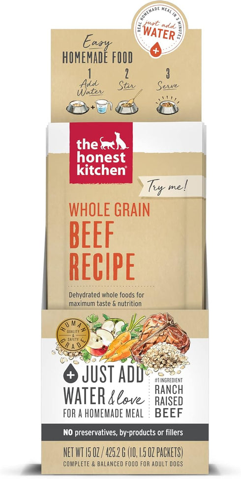The Honest Kitchen Human Grade Dehydrated Whole Grain Dog Food, Complete Meal or Topper, Beef 10-Pack
