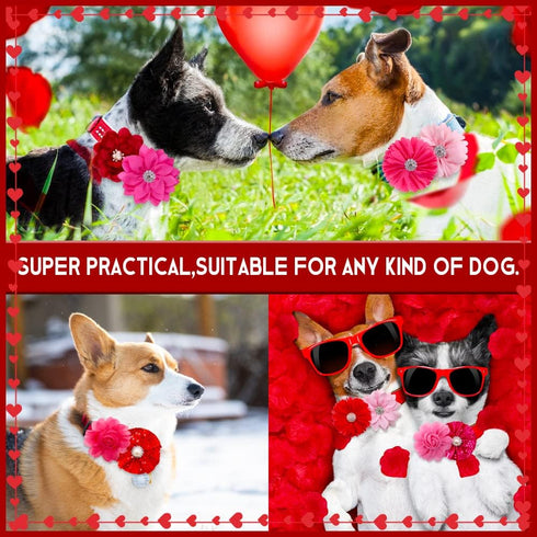 20pcs Pink Rose Red Pet Dog Collar Attachment Flower Bows, Slide Small Dog Collar Bowties, Removable Dog Bowties for Holiday Festival Valentine's Day Dog Collar Grooming Accessories