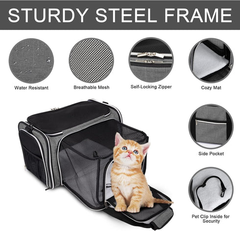 BAGLHER Cat Carrier Bag - Airline Approved Soft Side Pet Travel Carrier with 5 Open Doors, 3 Expandable Sides, Fleece