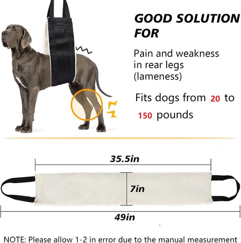 20-150lb Dog Sling for Large Dogs, Heavy Duty Portable Lift Harness, Black, Large, Hind Leg Support