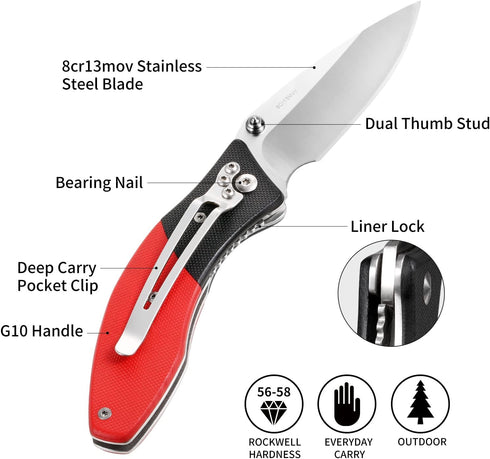 Folding Pocket Knife 3" 8CR13MOV Blade, Black and Red G10 Handle, Safety Liner Lock, Belt Clip, Perfect for Camping, Hunting, and Everyday Carry, Your Outdoor Gear by Vickay