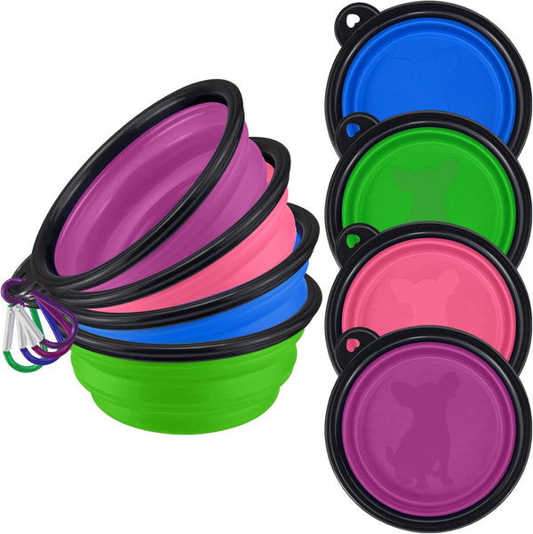 LAVAED 4 Pack Collapsible Dog Bowl, Portable Foldable Travel Silicone Pet Bowls with Carabiner Clip