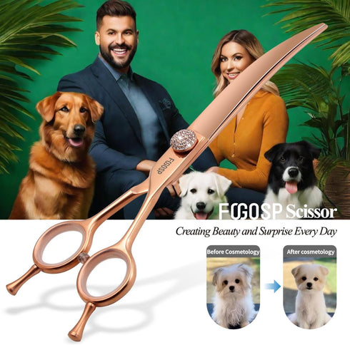 Rose Gold Titanium Curved Dog Grooming Scissors 7'' - Downward 30°, Professional Pet Trimming Shears