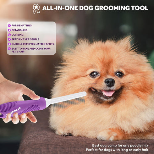 Detangling Pet Comb for Dogs & Cats, Grooming Tool with Long & Short Stainless Steel Teeth for Tangles.
