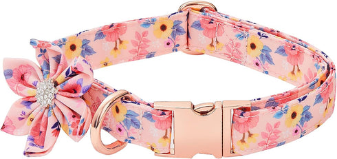 Dog Collar with Daisy Tie, 3 Patterns Soft & Comfy Flower Print Padded Pet Collars with Strong Metal Buckle for Boy and