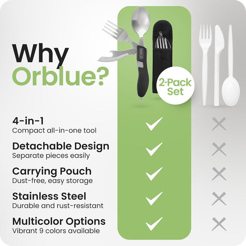 Orblue 4-in-1 Camping Eating Utensils, 2-Pack, Portable Spoon, Fork, Knife & Bottle Opener Combo Set, Black