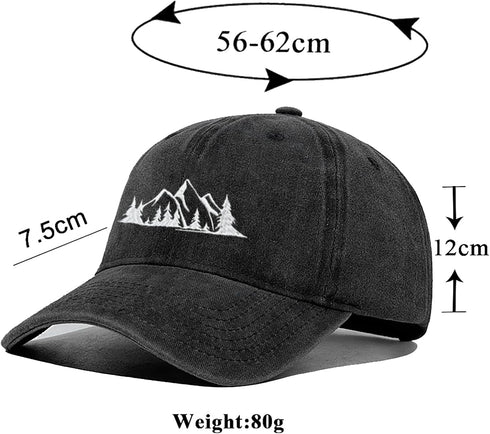 Mountain Trees Hat for Men Women, Funny Adjustable Embroidered Cotton Hiking Camping Explore Outdoor Baseball Cap
