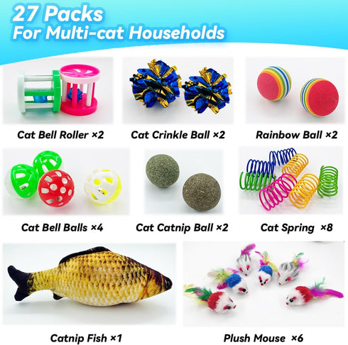 27 Packs Set, Cat Toys Combo Cat Catnip Fish and Ball Toy, Cat Bell Balls Crinkle Balls, Cat Spring Toys, Plush Mices