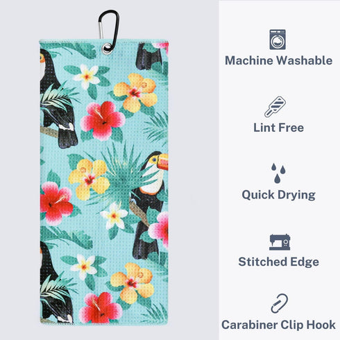 Fun Golf Towel Set of 2, Microfiber Waffle and Ball Towels for Golf Bags, Tropical Toucan Bird Accessories