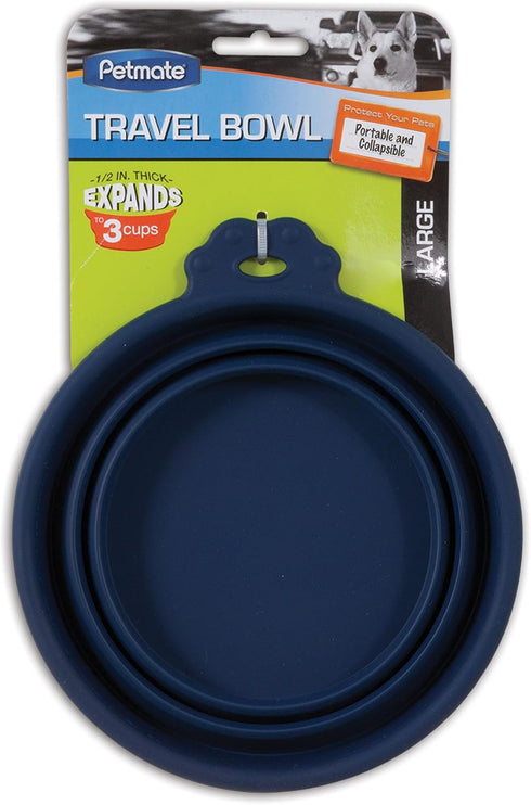 Doskocil 23369 Silicone Round Travel Bowl for Pets, 3-Cup, Navy Blue