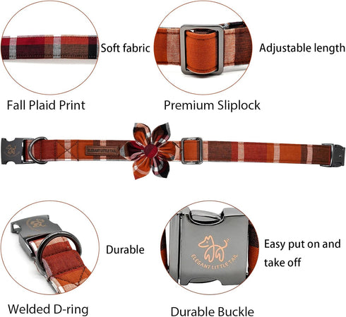 Elegant little tail Fall Dog Collar, Halloween Plaid with Flower Adjustable Collar for Small Dogs