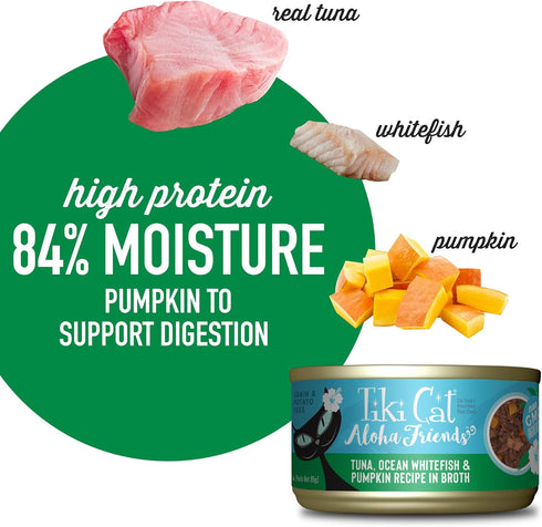 Tiki Cat Aloha Friends, Tuna, Ocean Whitefish & Pumpkin, Grain-Free Wet Cat Food, 3 oz. Cans (Pack of 12)