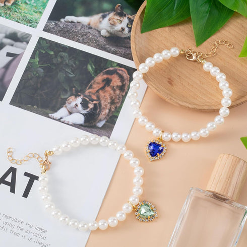 Cat Dog Pearl Necklace Collar 2pcs, Cute Fancy Jewelry Accessories with Heart Shape Rhinestone for Small Pets