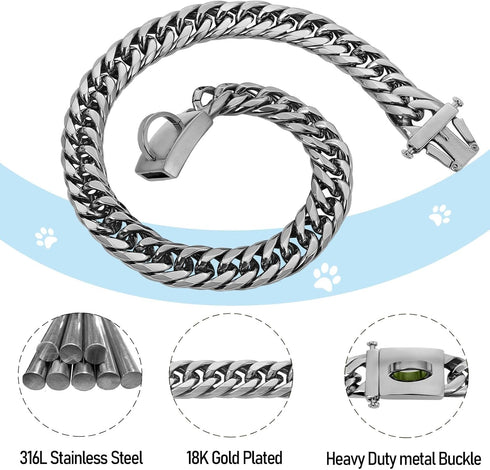 BAOBOTE Silver Chain Dog Collar, 16MM 18K Heavy Duty Cuban Link with Secure Snap Buckle for Dogs (22", Silver)