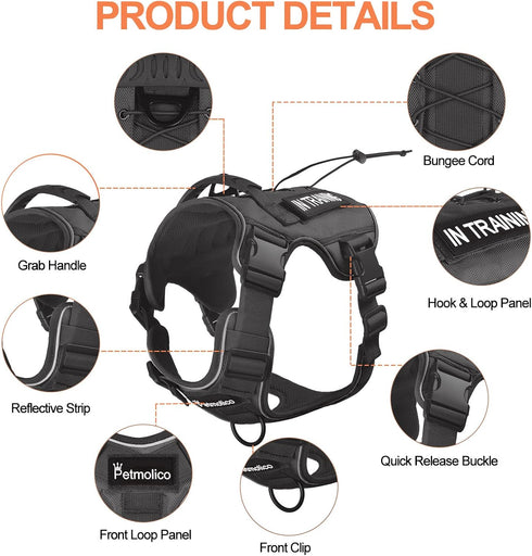 Petmolico Tactical Dog Harness, Black M, No Pull with Leash, Hook and Loop Panels for Medium Dogs, Military Service