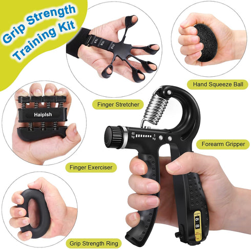 Grip Strength Trainer Kit (5 Pack) with Finger Exerciser, Hand Grip Strengthener, Stress Relief Ball, Silicone
