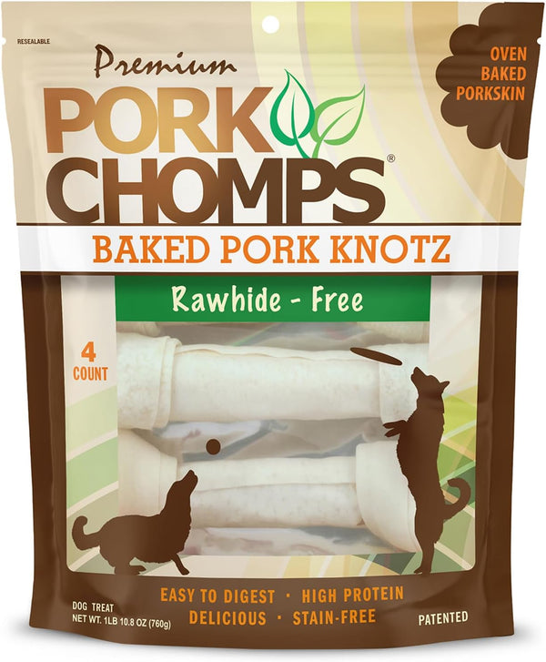 Pork Chomps Baked Pork Skin Dog Chews, 11 Inch Knots, 4 Count,