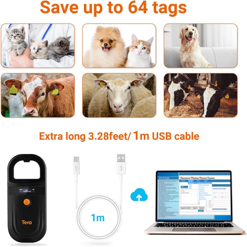 Tera FDX-B(ISO11784/85) Pet Microchip Reader with D-Ring RFID Portable Animal Chip ID Scanner with OLED Display Screen
