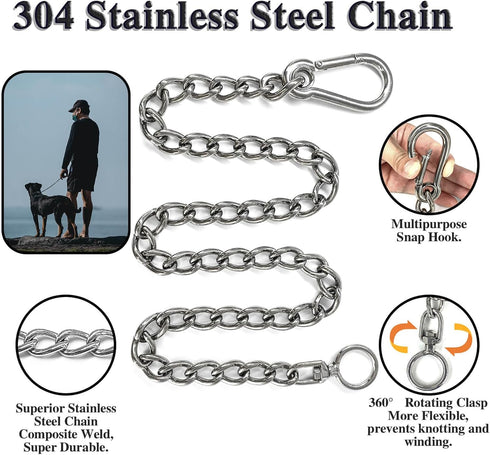 Dog Chain Leash, 304 Stainless Steel Dog Short Lead Metal Heavy Duty Chain DIY Double Dog Leashes Self-Assembly Leashes Extension&Coupler. (304 S/S 32in x 4mm)