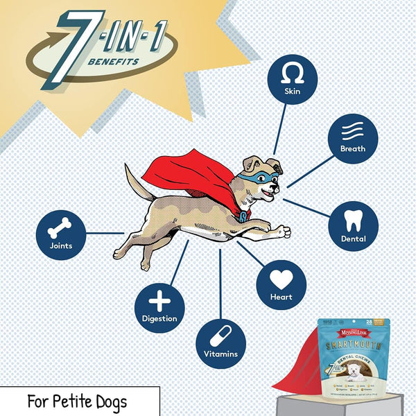 The Missing Link Smartmouth Vet Developed Dental Chew Treats, 28 Ct, 7-in-1 Benefits for Petite/XS Dogs