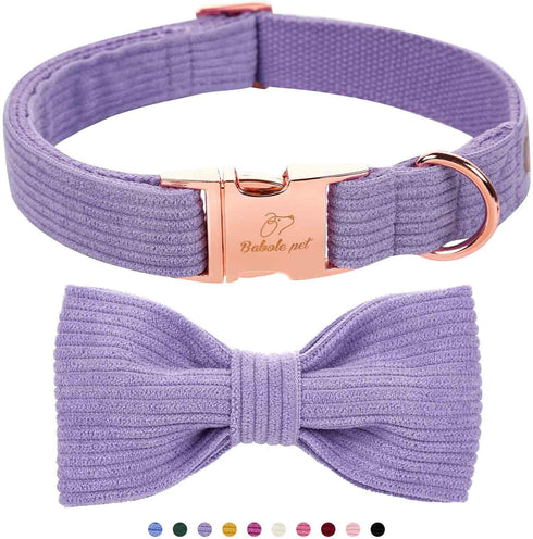Lavender Corduroy Dog Collars with Bow Tie, Adjustable Safety Metal Buckle for Small Medium Large Dogs, S-Neck 10"-16"
