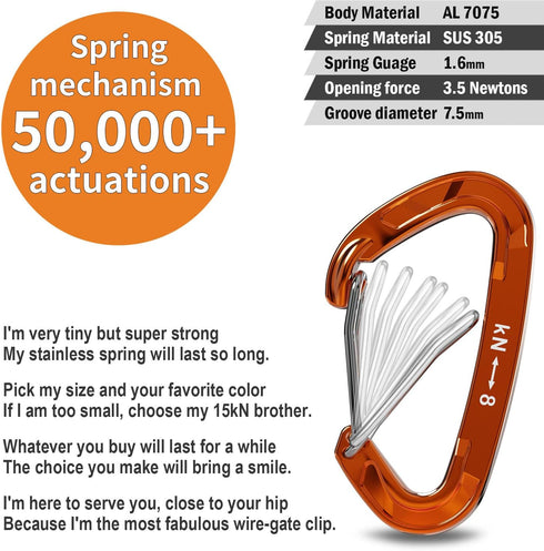 FresKaro 5pcs Nano Carabiner Clips, 8kN 1798lbs, Small Sturdy Reliable Time-Tested Strong Spring Wiregate, Mini Size