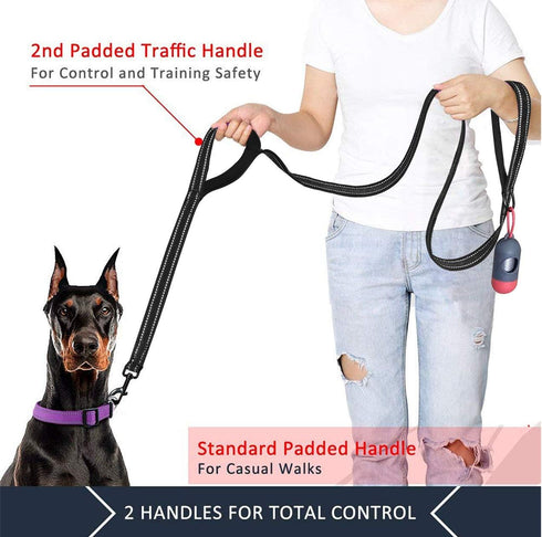 JSXD Heavy Duty Dog Leash - 5 FT Double Handle with Padded Reflective Rope for Small to Large Dogs