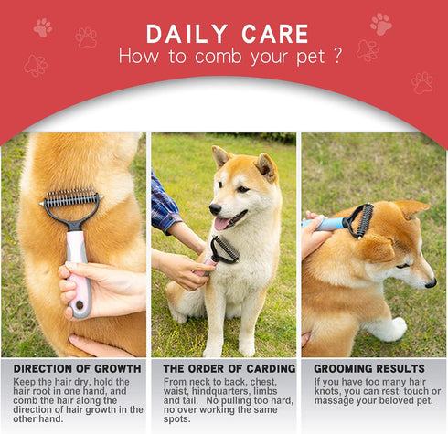 GOESWELL Dog Brush for Shedding - Double Sided Undercoat Rake for Dogs & Cats - Grooming Tool Kit with Nail Clippers