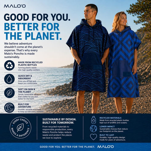 Maloo Nalu Changing Poncho Hooded Surf & Swim Towel Poncho for Adults & Kids, Quick-Dry, Ultra-Soft, Made from Recycled