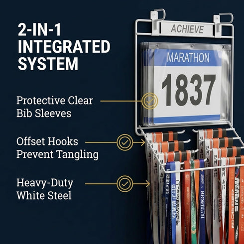 2-in-1 12 40+ Performore Wall-Mount Medal & Bib Display Rack | Metal Steel Organizer Rack with Clear Bib Pockets, Hooks