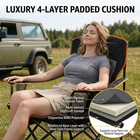350 LBS FAIR WIND Oversized Fully Padded Camping Chair, Heavy Duty Quad Fold Chair Arm Chair Support with Cup Holder