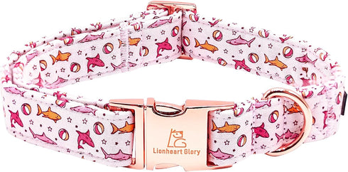 Lionheart Glory Dog Collar, Pink Shark Print, Adjustable Durable Collar for Medium Dogs, Male or Female Spring Summer