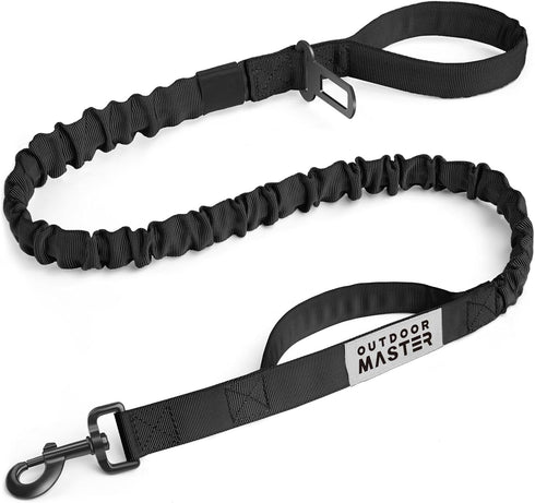 OutdoorMaster Heavy Duty Bungee Dog Leash with Shock Absorption, 2 Padded Handles for Improved Safety - Black, 4 FT