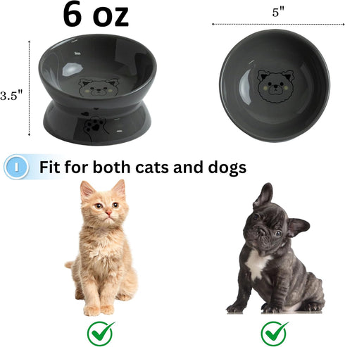 Ceramic Elevated and Tilted Cat Food Bowl, Tilted Raised Cat Bowl, Dishwasher Safe, White (Gray)