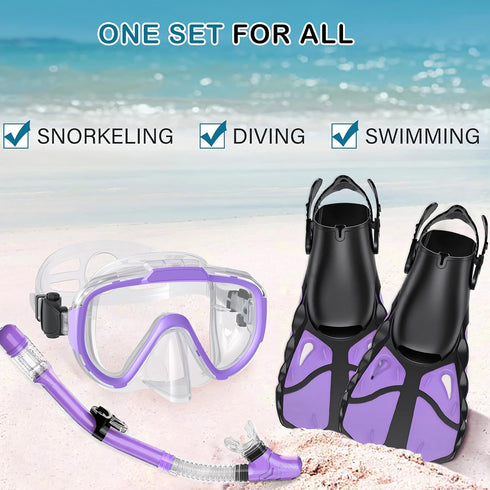 Snorkel Set with Fins for Adults, Snorkeling Gear Combo Set with Dry Top Snorkel Mask and Travel Bag for Swimming