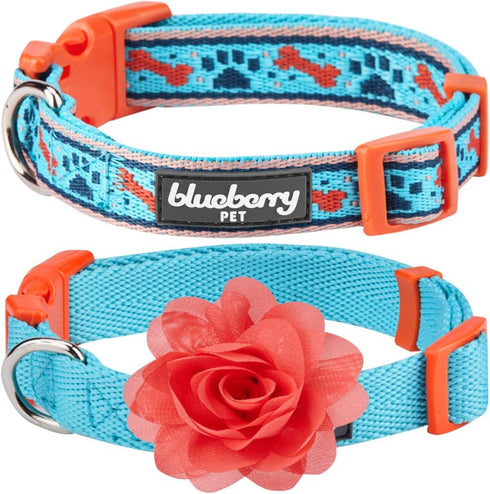 Blueberry Pet Pack of 2 Adjustable Dog Collar, Sky Blue with Detachable Orange Flower Accessory, Large