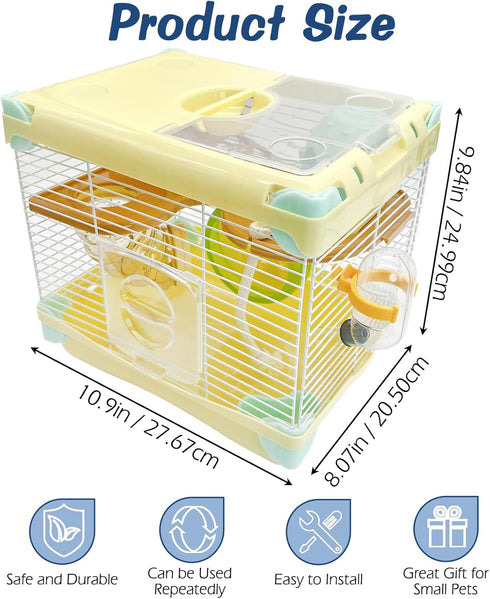 Hamiledyi Portable Hamster Cage, 2 Layers Dwarf Hamster Habitat with Exercise Wheel for Small Animals